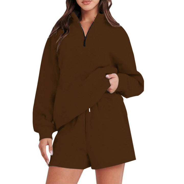Damen Sportlicher Sweatshirt-Hosen-Set mit hohem Kragen und praktischem Reißverschluss Drune