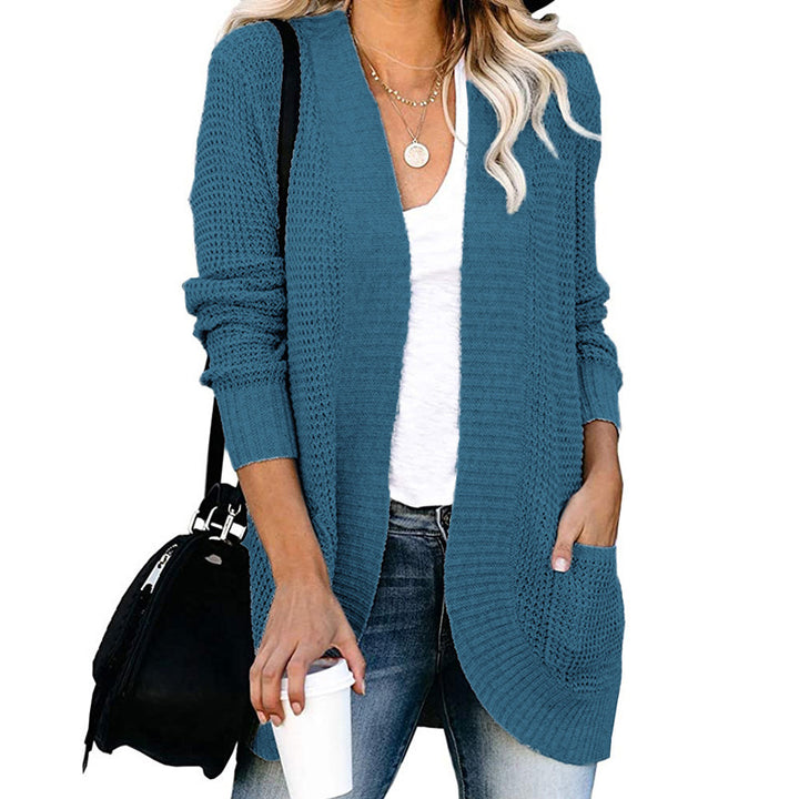 Damen Langer Offener Strickcardigan mit Taschen, Rippbündchen und strukturierter Waffeloptik Drune