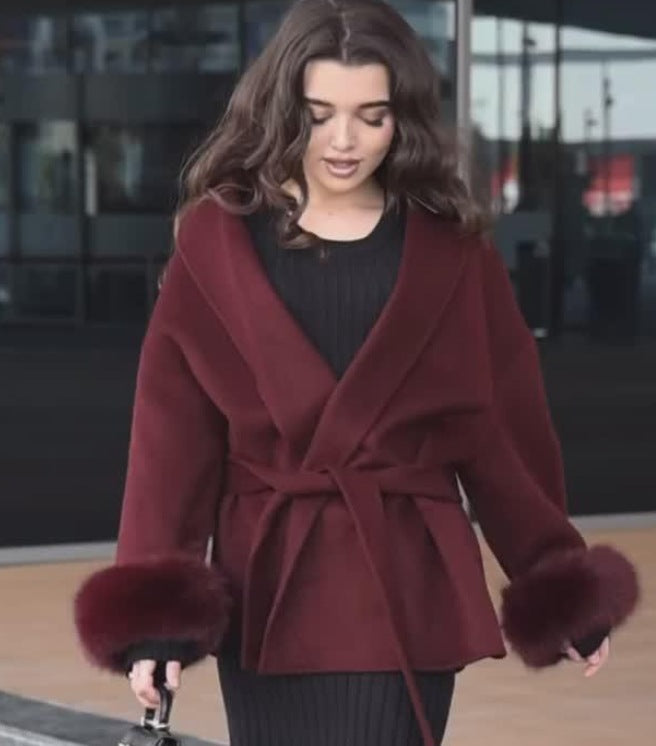 Damen Elegante Wickeljacke mit Teddyfellärmeln Drune