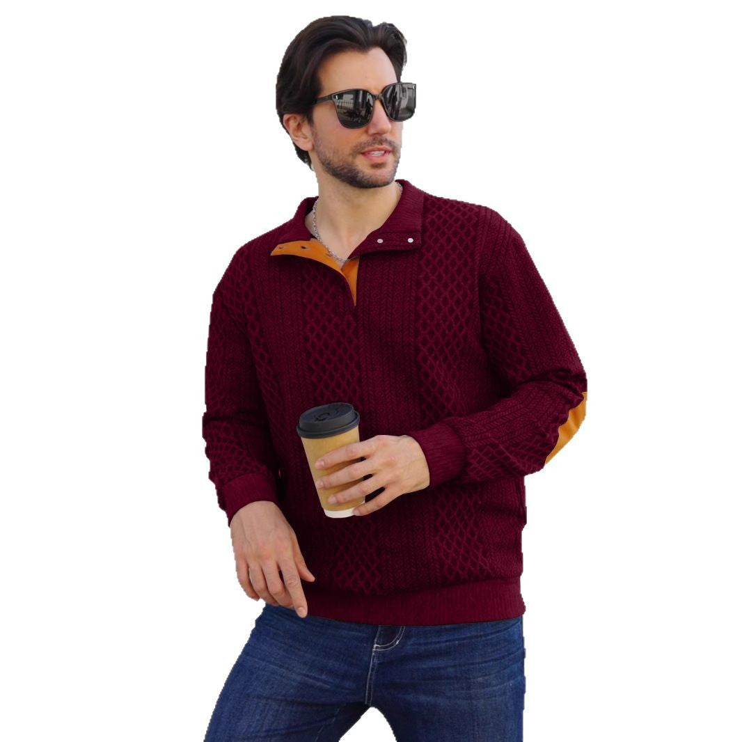 Herren nan strukturierter Henley-Pullover mit Stehkragen, Knopfleiste und Lederoptik-Ellbogenbesatz Drune