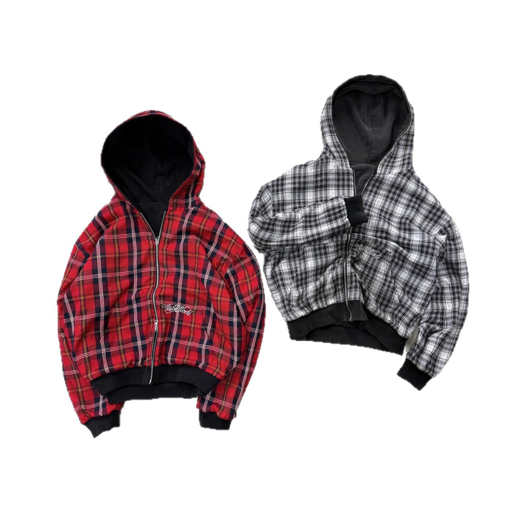 Unisex nan wendbare Kapuzenjacke mit kariertem Innenfutter, durchgehendem Reißverschluss und Kängurutasche Drune