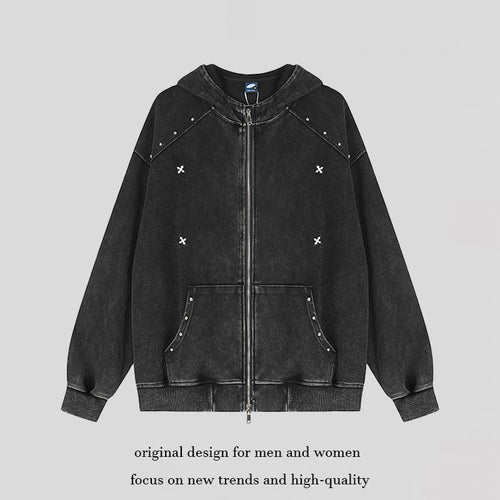 Unisex Oversize-Kapuzen-Zipjacke mit Vintage-Waschung, Metallnieten und Kängurutasche Drune