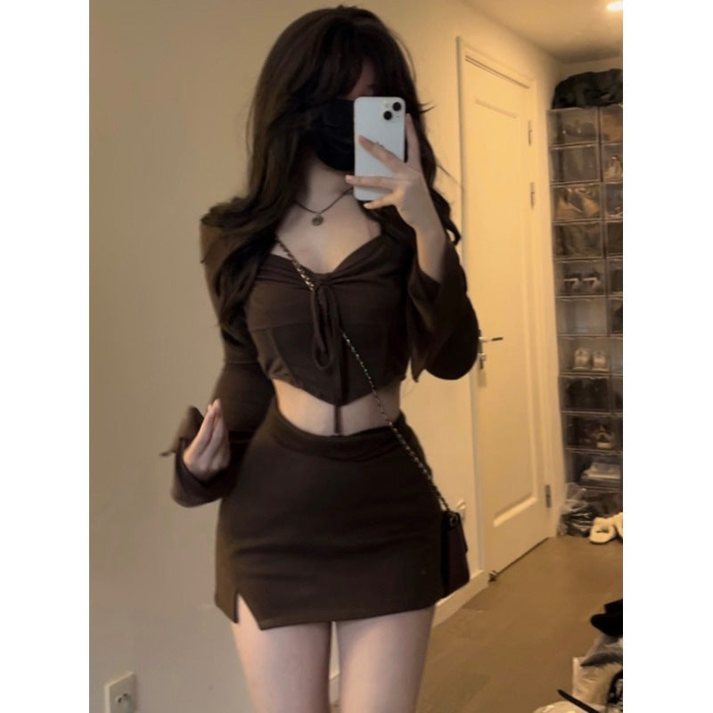 Damen Crop-Top mit dekorativem Bindegürtel und weitem Arm Drune
