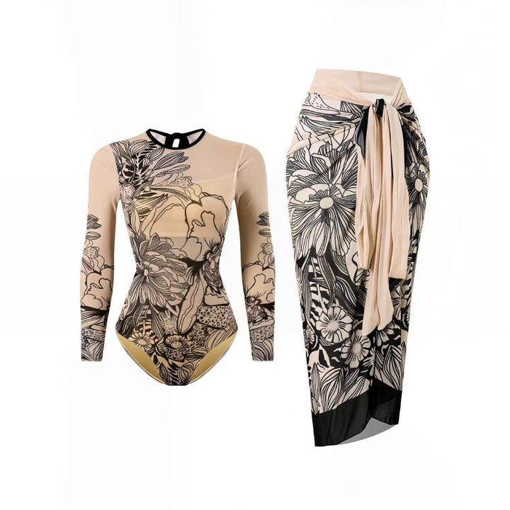 Damen Badeset mit floralem Langarm-Oberteil und raffiniertem Wickelrock Drune