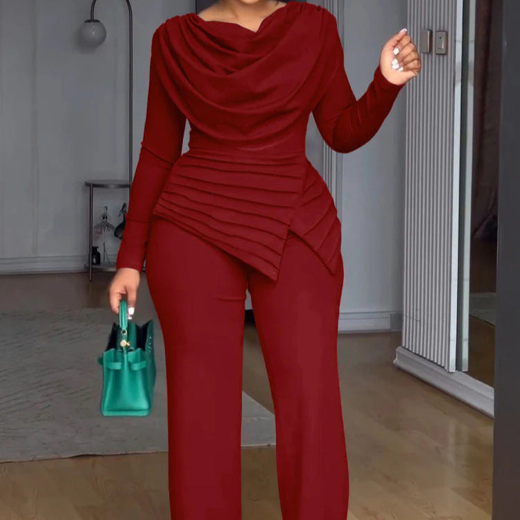 Damen Zweiteiliges Ensemble mit Wasserfall-Drapé-Oberteil, abgestuftem Peplum und gerader Bundfalten-Hose Drune
