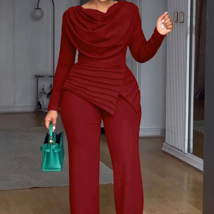 Damen Zweiteiliges Ensemble mit Wasserfall-Drapé-Oberteil, abgestuftem Peplum und gerader Bundfalten-Hose Drune