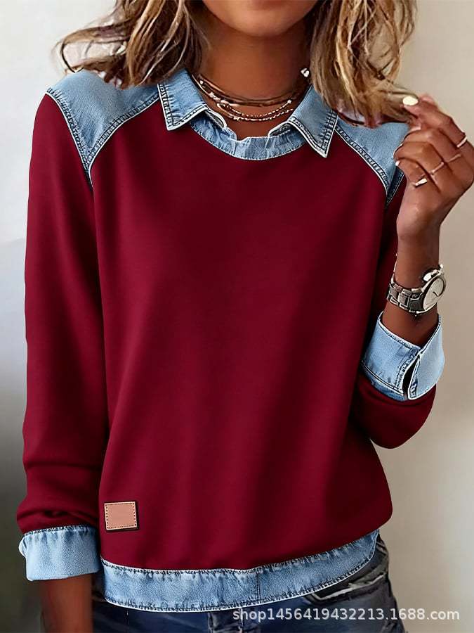 Damen nan gerippter Strickpullover mit Jeanskragen und Knopfleiste Drune