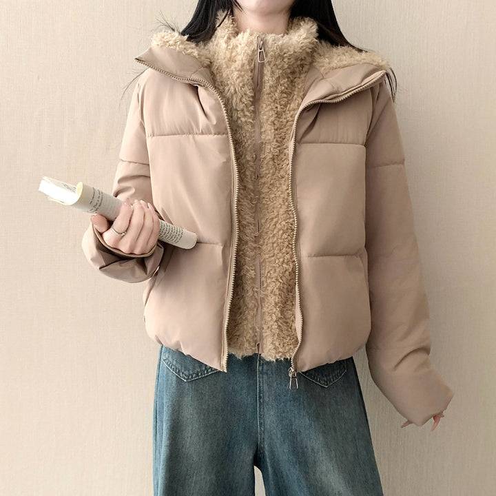 Damen nan kurze wattierte Doppeljacke mit abnehmbarem Teddy-Innenfutter und hohem Stehkragen Drune