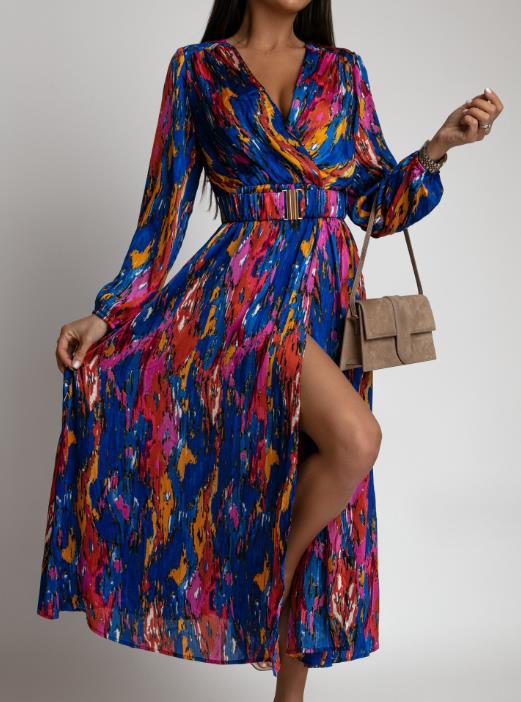 Damen Bunt Seide Maxi Kleid mit Hohem Schlitz und Gürtel Drune