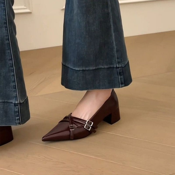 Damen Spitz zulaufende Block-Absatz Pumps mit doppeltem Zierriemen Drune