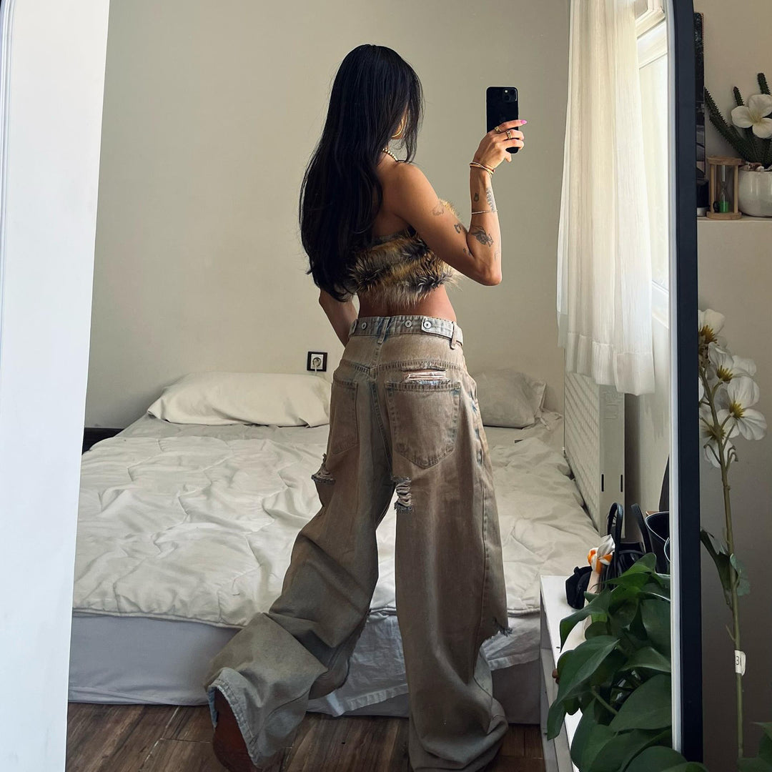 Damen Baggy Jeans mit ausgefranstem Saum und used Look Drune