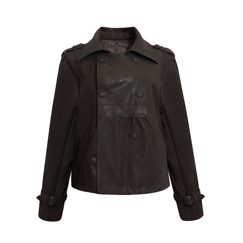 Damen Cropped Doppelreihige Lederjacke im Trenchstil mit Schulterklappen Drune