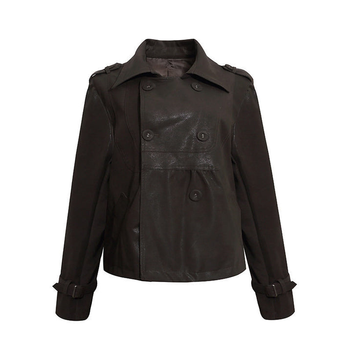 Damen Cropped Doppelreihige Lederjacke im Trenchstil mit Schulterklappen Drune