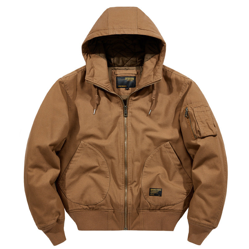 Herren  isolierte Kapuzen-Canvas-Arbeitsjacke Bomber mit geschwungenen Handtaschen und verstärktem Ärmel-Reißverschlussfach Drune