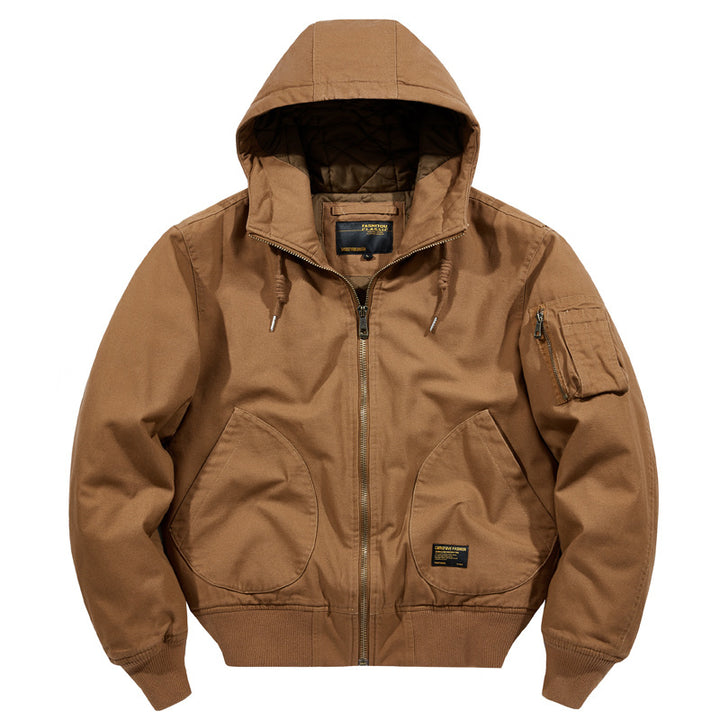 Herren  isolierte Kapuzen-Canvas-Arbeitsjacke Bomber mit geschwungenen Handtaschen und verstärktem Ärmel-Reißverschlussfach Drune
