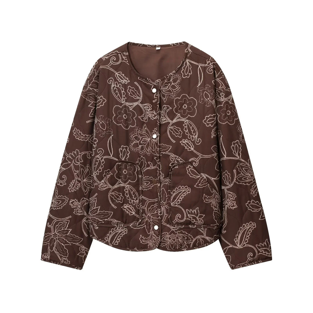 Damen nan gesteppte Kurzjacke mit floralem Steppmuster, Druckknopffront und Taillenzug Drune