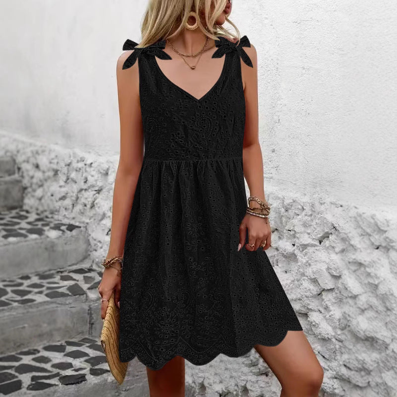 Damen luftiges Sommerkleid mit dekorativem Lochmuster und süßen Trägern Drune