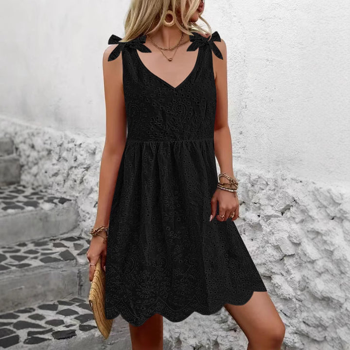 Damen luftiges Sommerkleid mit dekorativem Lochmuster und süßen Trägern Drune