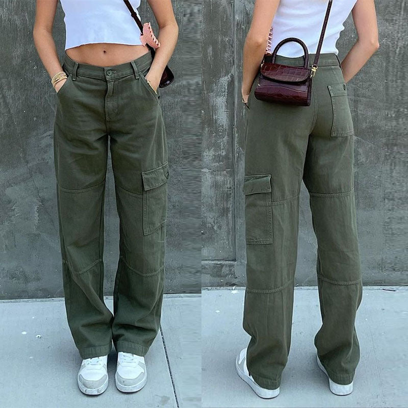 Damen Hochtaillierte Relaxed-Cargo-Hose mit weitem Bein und Knieabnähern Drune