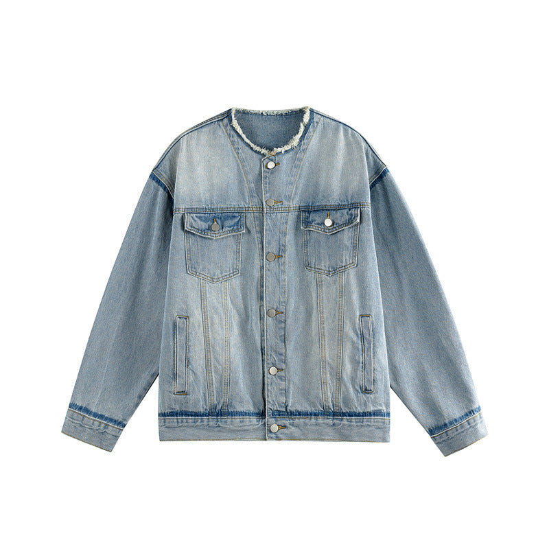 Herren Oversize-Denimblouson ohne Kragen mit rohem Halsausschnitt und Pattentaschen Drune