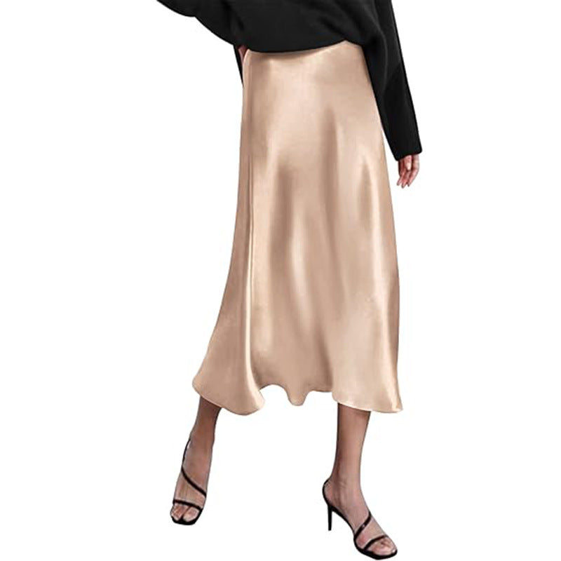 Damen eleganter Midi-Rock aus satinierter Viskose mit fließendem Fall Drune