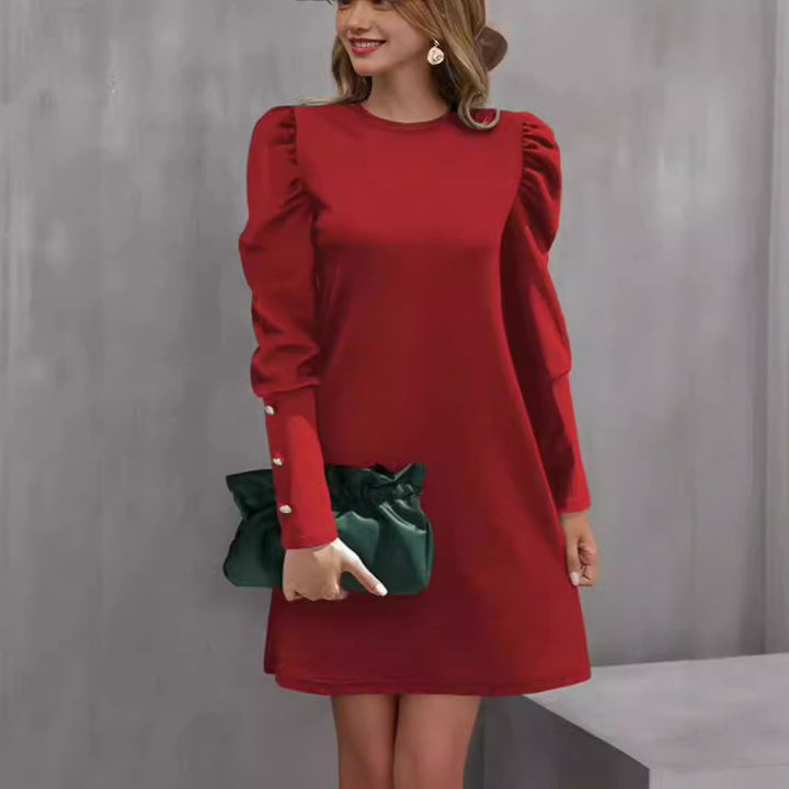 Damen nan elegantes A-Linien Minikleid mit gerafften Puffärmeln und dekorativen Manschettenknöpfen Drune
