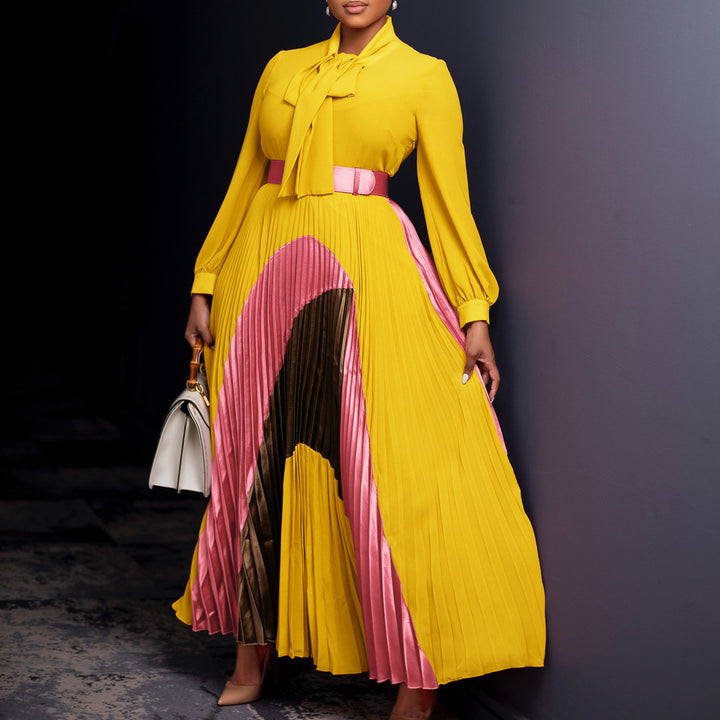 Damen Maxikleid mit elegantem Schlitz und verspieltem Krawattenkragen Drune