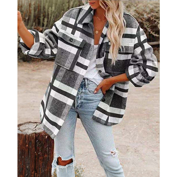 Damen Oversize-Karo-Hemdjacke mit Brusttaschen und weichem Flanell Drune