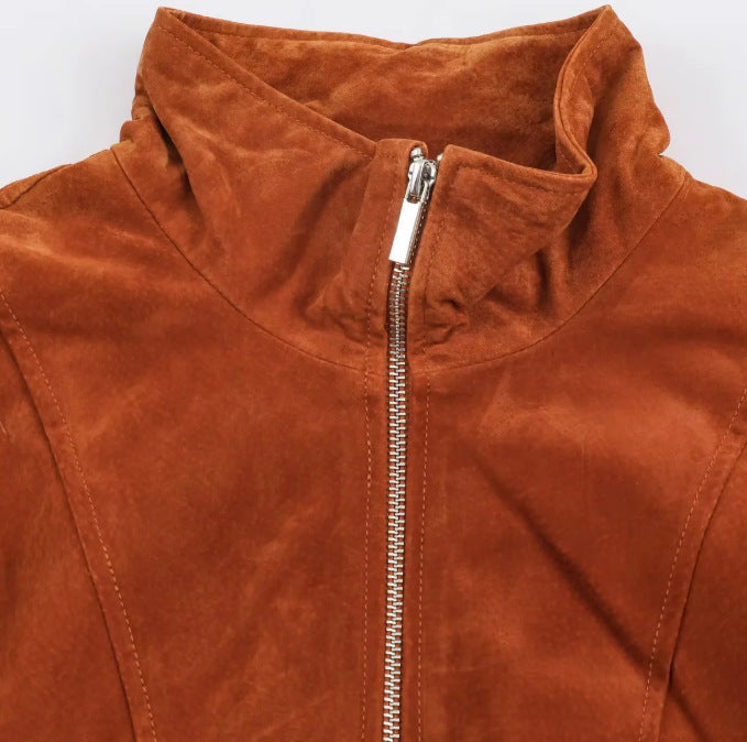 Damen Cropped-Veloursjacke im minimalistischen Design mit Stehkragen, Ziernähten und Reißverschlusstaschen Drune