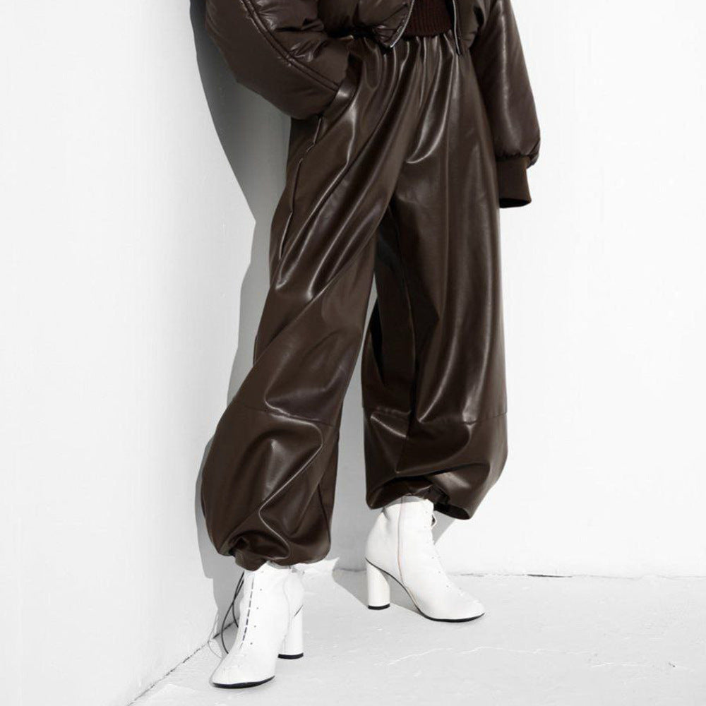 Damen Modische Kunstlederhose mit elastischem Bund Drune