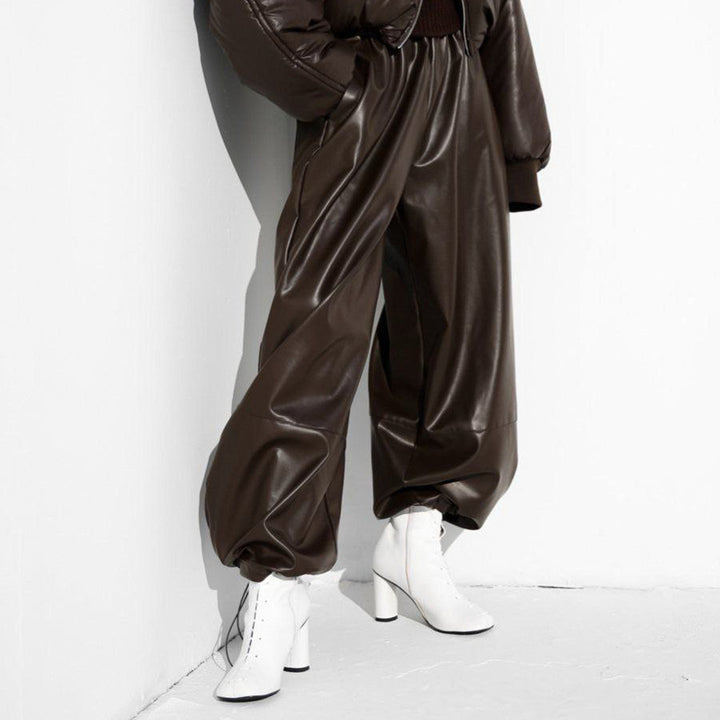Damen Modische Kunstlederhose mit elastischem Bund Drune