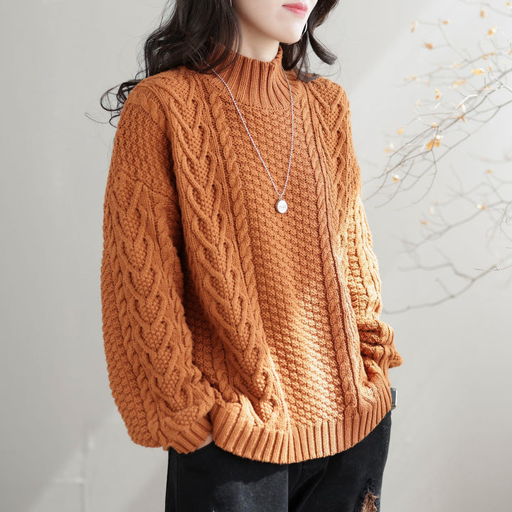 Damen Grobstrickpullover mit hohem Kragen und Zopfmuster Drune