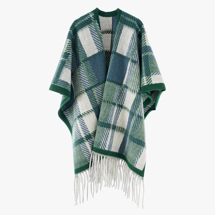 Damen Oversize-Wollmix-Poncho mit Karomuster und Fransensaum Drune