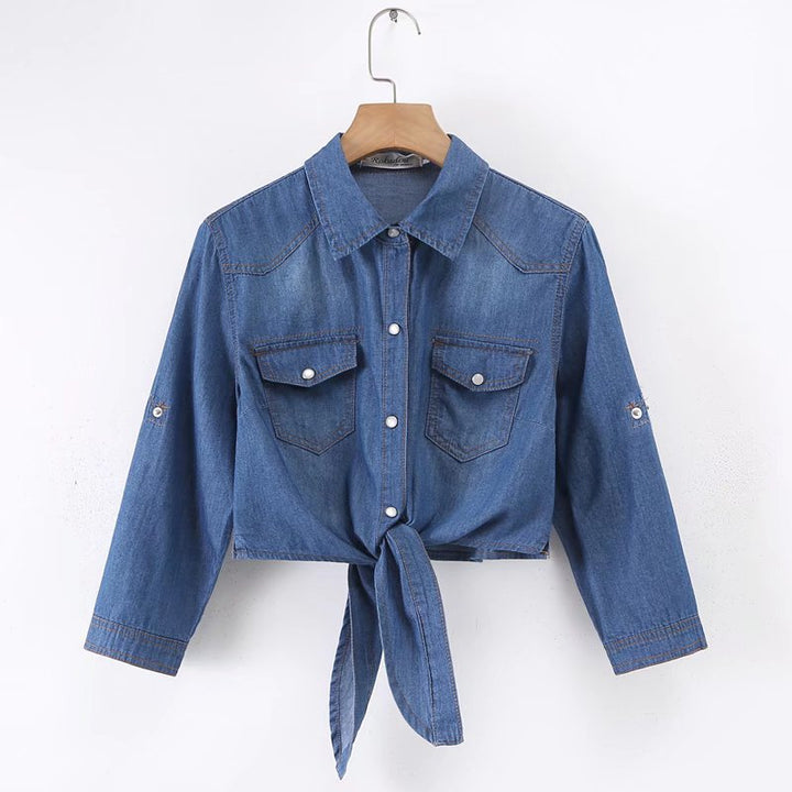 Damen Geknotete Denim Kurzbluse mit Brusttaschen und hochgekrempelten Ärmeln Drune