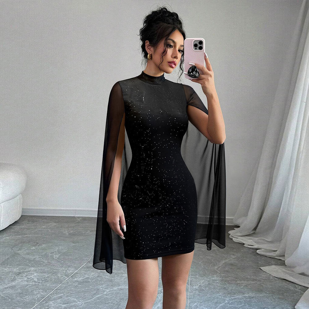 Damen figurbetontes Minikleid mit fließenden Cape-Ärmeln und funkelnder Punktverzierung Drune