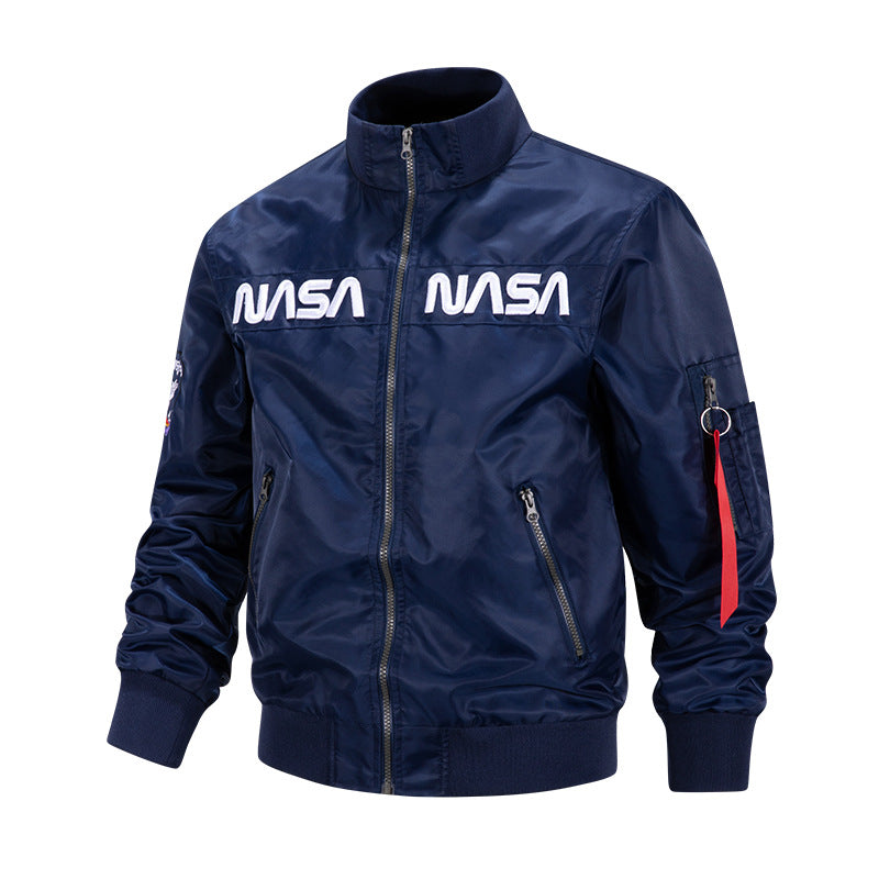 Men's  metallic pilot-style zip-up bomber jacket with embroidered chest panels and angled zip hand pockets Drune