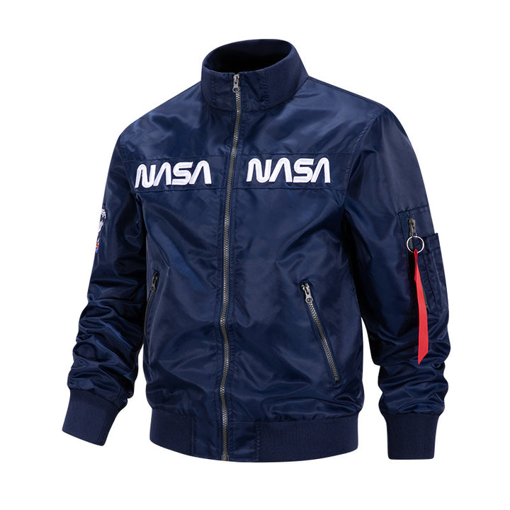 Men's  metallic pilot-style zip-up bomber jacket with embroidered chest panels and angled zip hand pockets Drune