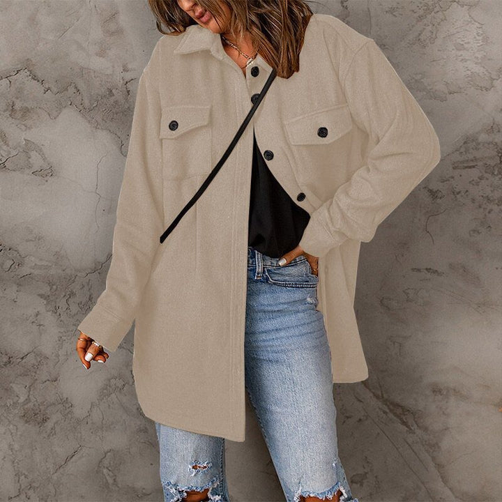 Damen vielseitige Oversize-Hemdjacke mit aufgesetzten Taschen und Knopfverschluss Drune