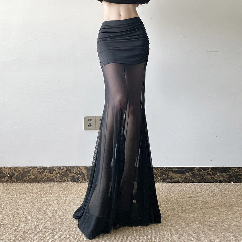 Damen Maxi-Rock mit transparentem Chiffon und gerafft Bund Drune