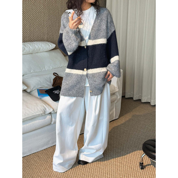 Damen Weicher Oversize-Strickcardigan mit V-Ausschnitt, Blockstreifen und Knopfleiste Drune