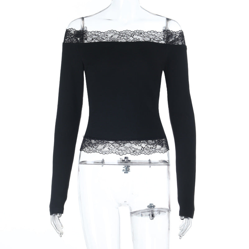 Damen elegantes Off-Shoulder Shirt mit Spitzenbesatz Drune