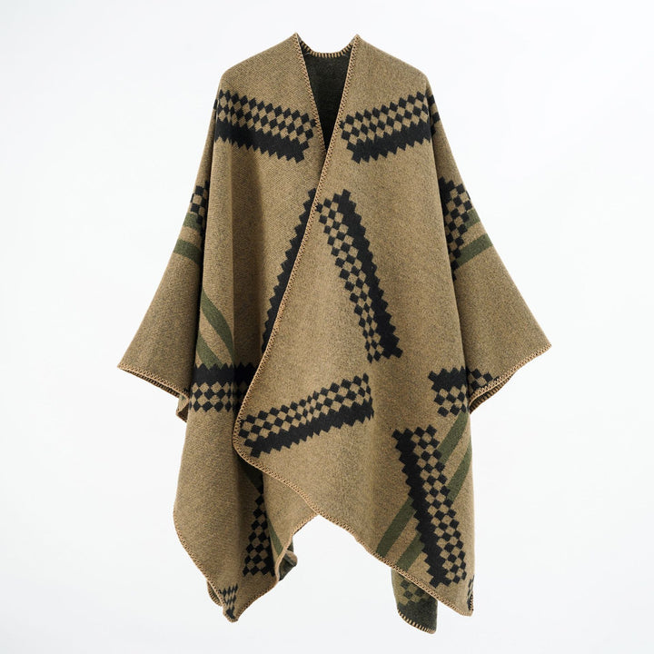 Damen Oversize-Umhangponcho aus Wollmix mit geometrischem Jacquard und Ziernaht Drune