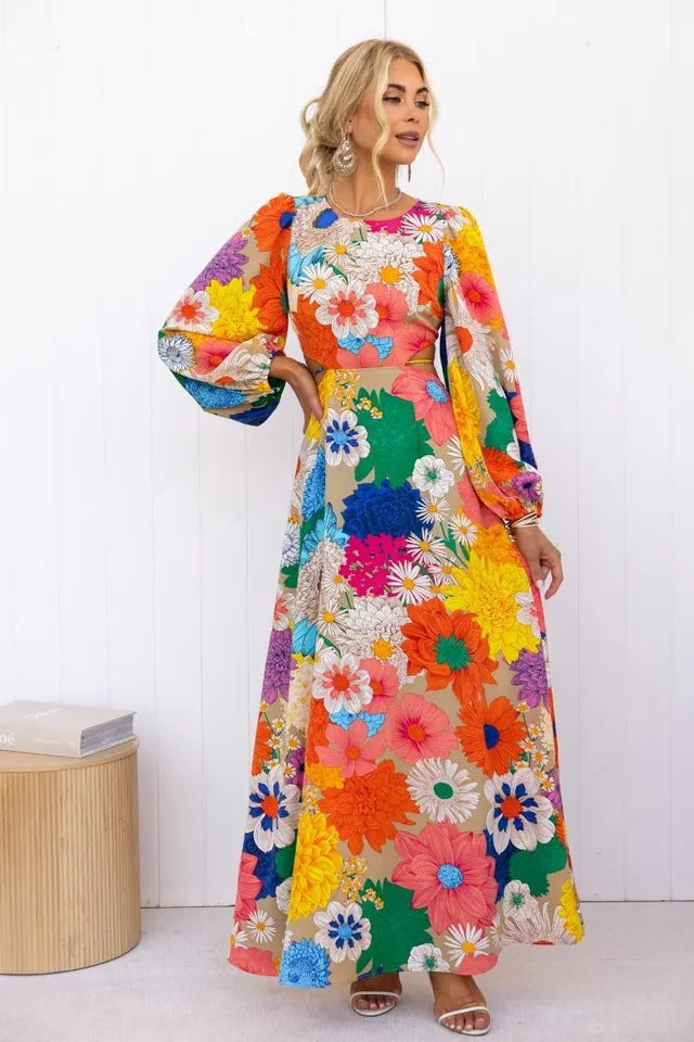 Damen Blumenmaxikleid mit voluminösen Ärmeln und floralem Allover-Print Drune