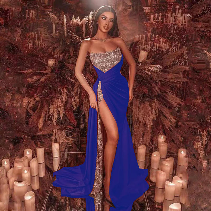 Damen Glamouröses Maxikleid mit funkelndem Oberteil und hohe Beinschlitz Drune
