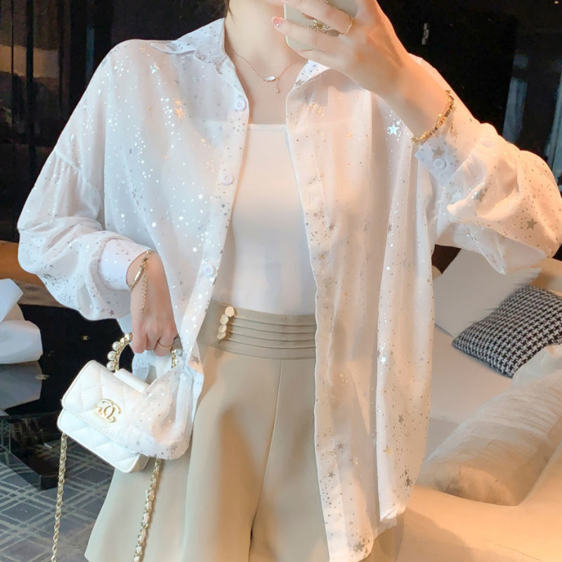 Damen transparente Bluse mit funkelnden Sternen Drune