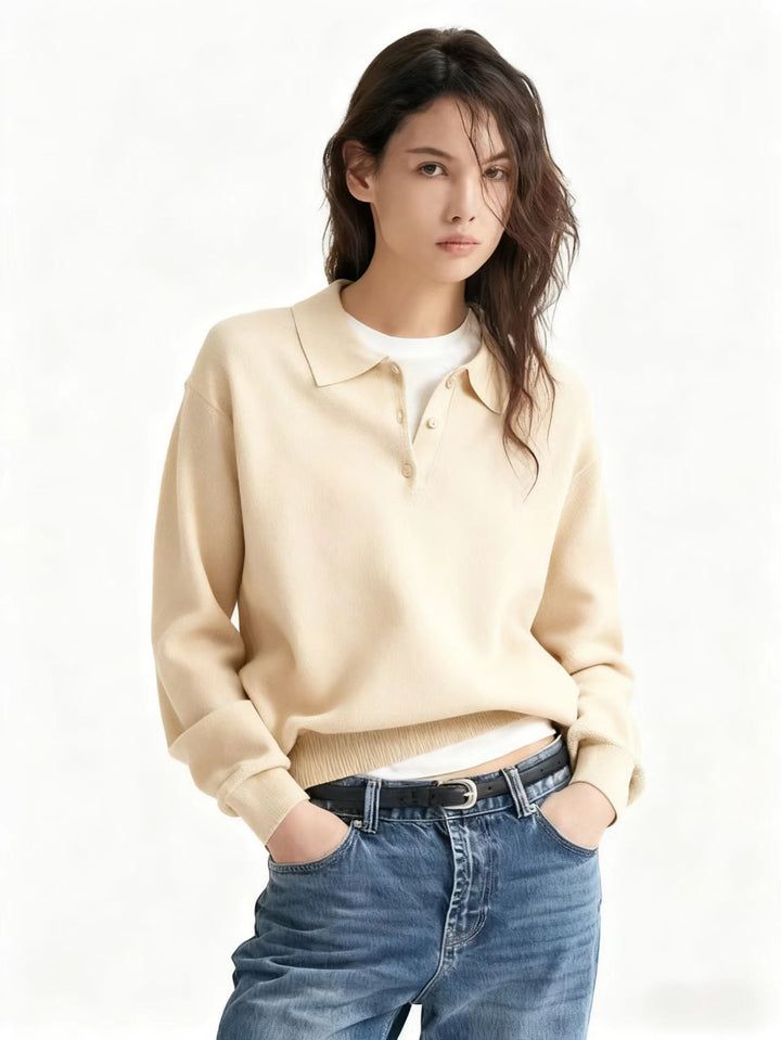 Damen Feinstrick-Polo-Sweater mit Knopfleiste und geripptem Saum Drune