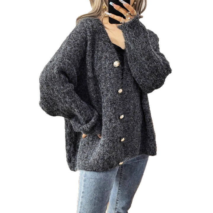 Damen Grobstrickjacke mit modischen Knöpfen und lässigem Schnitt Drune