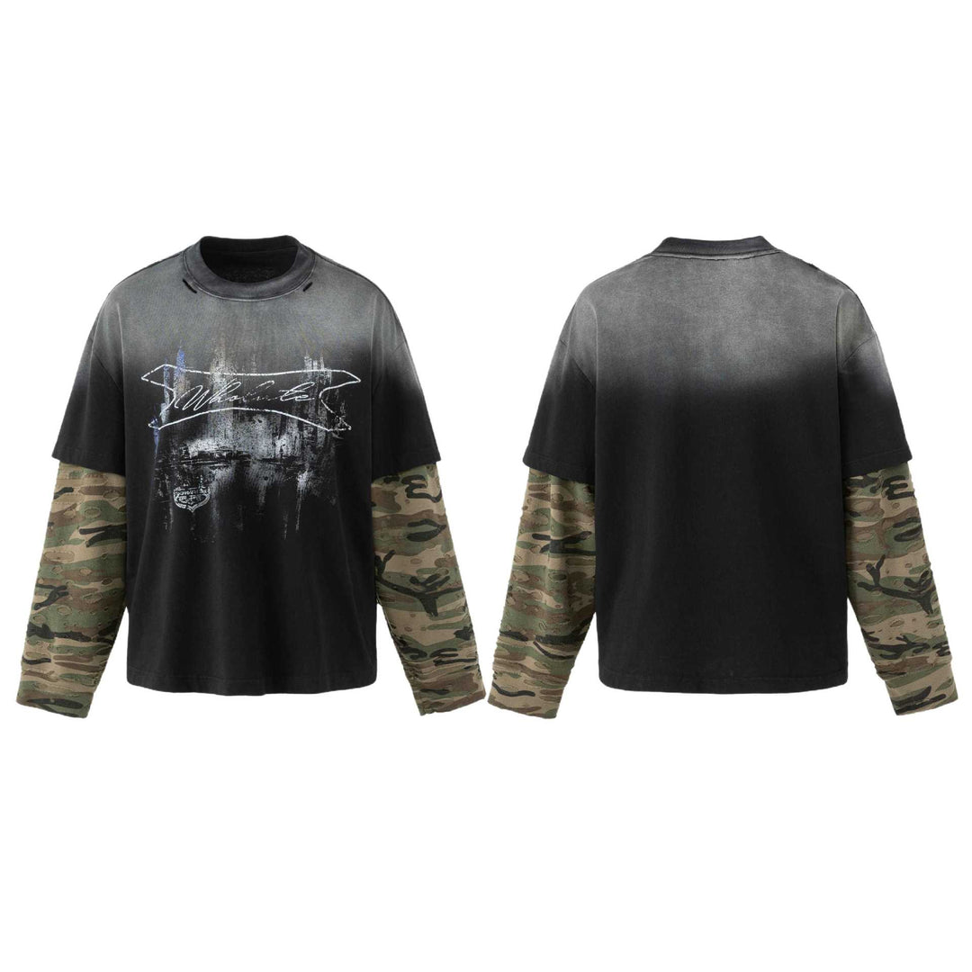 Herren weit geschnittenes Lagenlook T-Shirt mit Used-Effekt und Camouflage-Ärmeln Drune