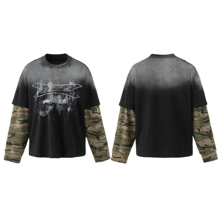 Herren weit geschnittenes Lagenlook T-Shirt mit Used-Effekt und Camouflage-Ärmeln Drune