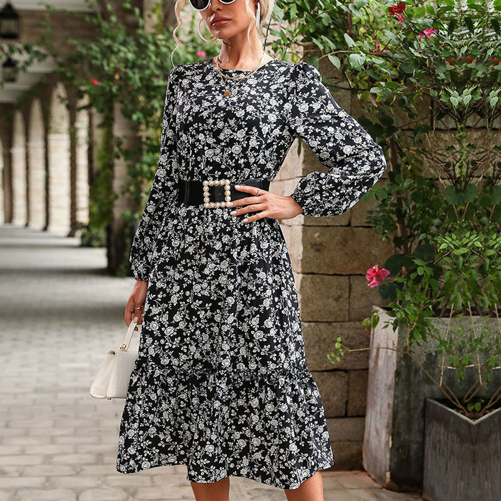 Damen Midikleid mit taillierter Silhouette, Perlen-Schnallen-Gürtel und Stufenrock Drune
